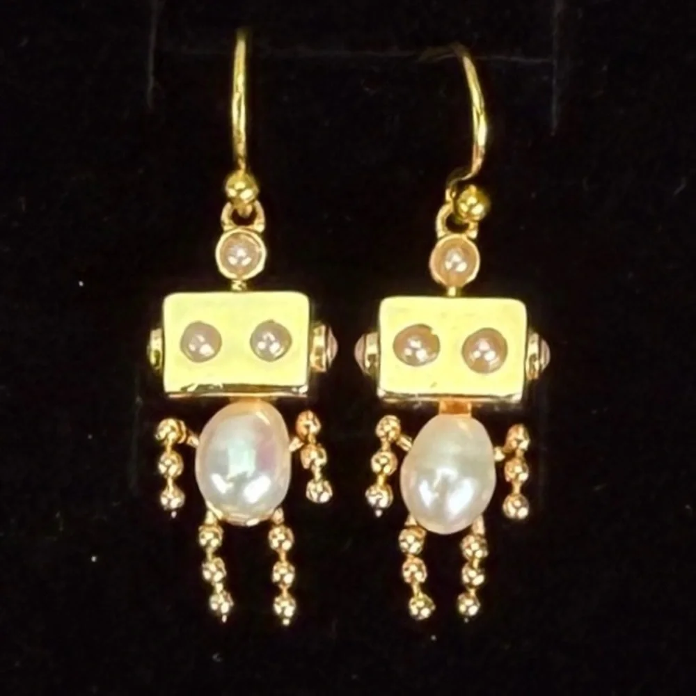 Goldtone Faux Pearl Robot Pierced Earrings